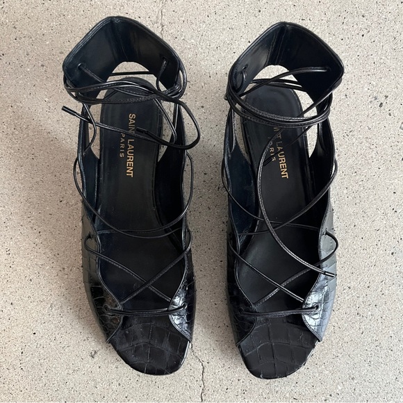 Saint Laurent Croc Embossed Lace Up Flat Sandal in Black - Picture 4 of 9
